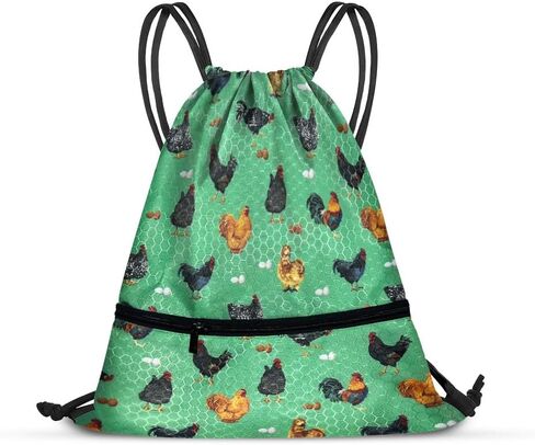 WIRESTER Drawstring String Bag Sackpack with Zipper Pocket, Foldable Sports Gym Yoga Shopping Beach Travel Bag for Men Women - Chicken Pattern in Saudi Arabia
