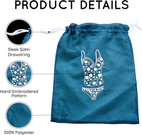 Lingerie Drawstring Bags Set of 3, 14.5x18.5 inch, Double-Layered Polyester Pouch for Underwear, Swimwear, Delicates Travel Storage, Washable Beach Bags for Women (Green-Gray-Teal) in Saudi Arabia