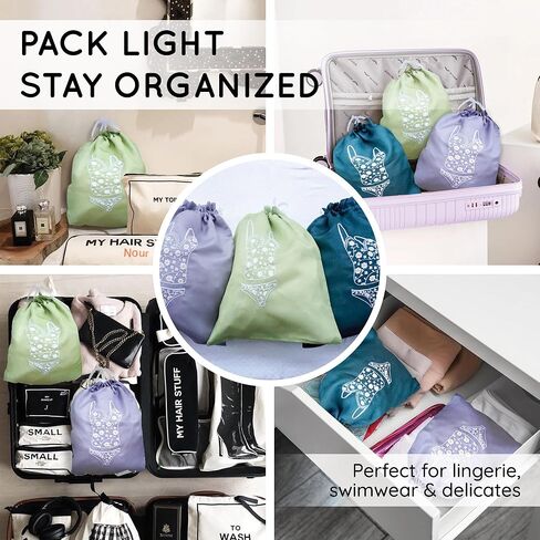 Lingerie Drawstring Bags Set of 3, 14.5x18.5 inch, Double-Layered Polyester Pouch for Underwear, Swimwear, Delicates Travel Storage, Washable Beach Bags for Women (Green-Gray-Teal) in Saudi Arabia
