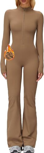 AEEZO Womens Fleece Lined Workout Flared Jumpsuits Zip Up Thermal Yoga Rompers Sexy Wide Leg One Piece Bodysuit in Saudi Arabia