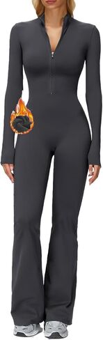 AEEZO Womens Fleece Lined Workout Flared Jumpsuits Zip Up Thermal Yoga Rompers Sexy Wide Leg One Piece Bodysuit in Saudi Arabia