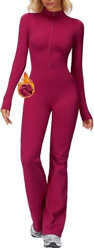 AEEZO Womens Fleece Lined Workout Flared Jumpsuits Zip Up Thermal Yoga Rompers Sexy Wide Leg One Piece Bodysuit in Saudi Arabia