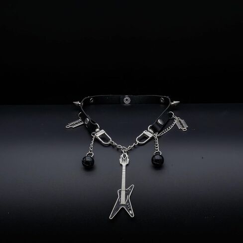 Goth Emo Choker Necklace with Guitar Razor Blade Bell Charms for Women Men – Punk Jewelry Black Faux Leather Collar for Cosplay Rock Costume Accessories in Saudi Arabia