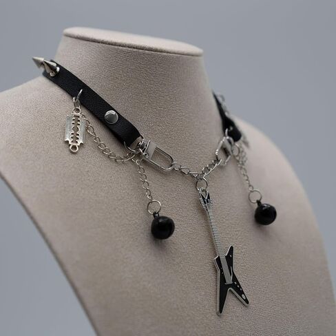 Goth Emo Choker Necklace with Guitar Razor Blade Bell Charms for Women Men – Punk Jewelry Black Faux Leather Collar for Cosplay Rock Costume Accessories in Saudi Arabia