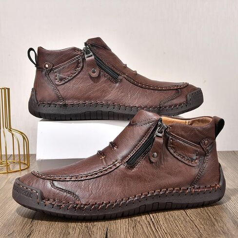 Men's Casual Leather Handmade Ankle Chukka Boots Side Zipper High Top Fashion Sneakers Lightweight Walking Driving Mid-top Dress Shoes in Saudi Arabia