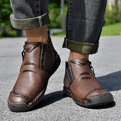 Men's Casual Leather Handmade Ankle Chukka Boots Side Zipper High Top Fashion Sneakers Lightweight Walking Driving Mid-top Dress Shoes in Saudi Arabia