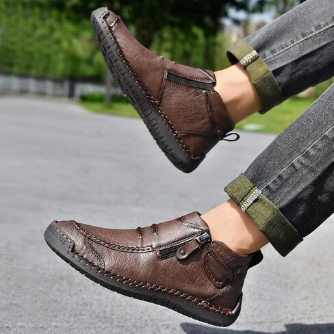 Men's Casual Leather Handmade Ankle Chukka Boots Side Zipper High Top Fashion Sneakers Lightweight Walking Driving Mid-top Dress Shoes in Saudi Arabia
