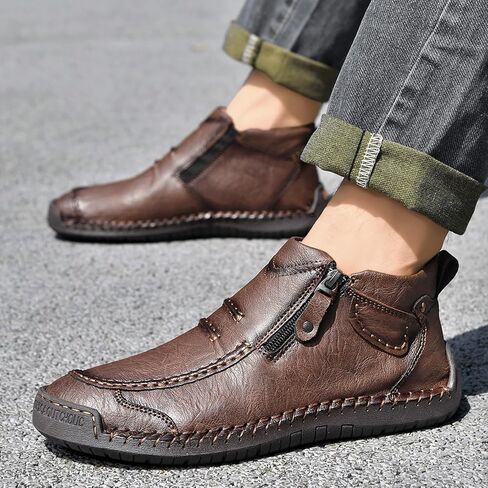 Men's Casual Leather Handmade Ankle Chukka Boots Side Zipper High Top Fashion Sneakers Lightweight Walking Driving Mid-top Dress Shoes in Saudi Arabia