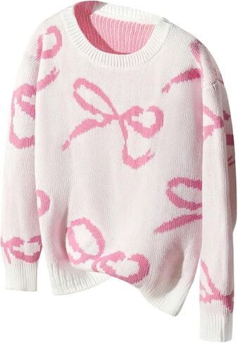 SHENHE Girl's Bow Print Sweater Crewneck Long Sleeve Drop Shoulder Cute Graphic Sweater Pullover in Saudi Arabia
