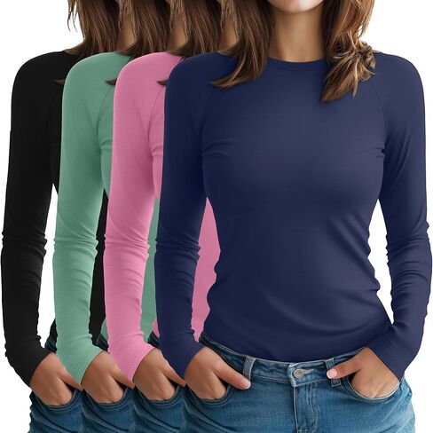 4 Pack Women's Long Sleeve Shirt Slim Fit Crew Neck Tops Casual Basic Stretch Cotton Blend Fall Going Out Outfits in Saudi Arabia