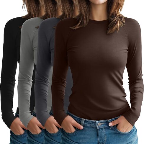 4 Pack Women's Long Sleeve Shirt Slim Fit Crew Neck Tops Casual Basic Stretch Cotton Blend Fall Going Out Outfits in Saudi Arabia