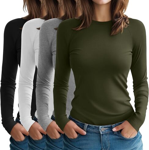 4 Pack Women's Long Sleeve Shirt Slim Fit Crew Neck Tops Casual Basic Stretch Cotton Blend Fall Going Out Outfits in Saudi Arabia