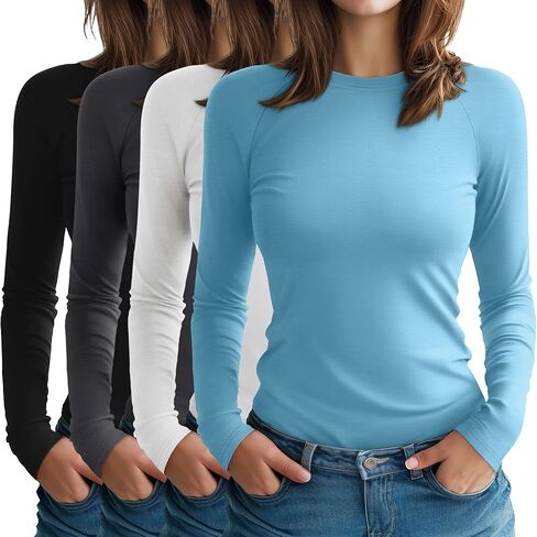 4 Pack Women's Long Sleeve Shirt Slim Fit Crew Neck Tops Casual Basic Stretch Cotton Blend Fall Going Out Outfits in Saudi Arabia