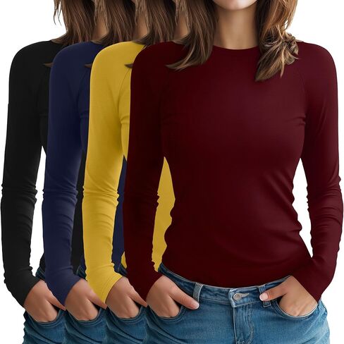 4 Pack Women's Long Sleeve Shirt Slim Fit Crew Neck Tops Casual Basic Stretch Cotton Blend Fall Going Out Outfits in Saudi Arabia