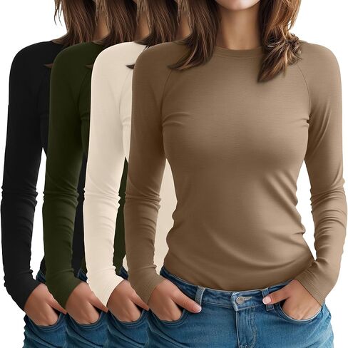 4 Pack Women's Long Sleeve Shirt Slim Fit Crew Neck Tops Casual Basic Stretch Cotton Blend Fall Going Out Outfits in Saudi Arabia