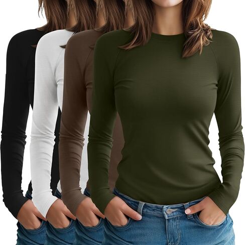 4 Pack Women's Long Sleeve Shirt Slim Fit Crew Neck Tops Casual Basic Stretch Cotton Blend Fall Going Out Outfits in Saudi Arabia