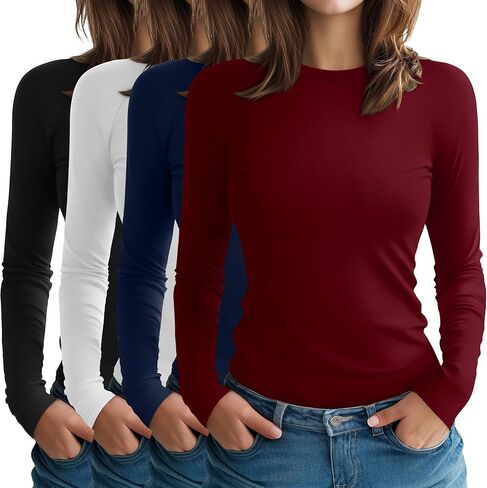 4 Pack Women's Long Sleeve Shirt Slim Fit Crew Neck Tops Casual Basic Stretch Cotton Blend Fall Going Out Outfits in Saudi Arabia