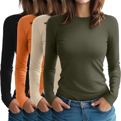 4 Pack Women's Long Sleeve Shirt Slim Fit Crew Neck Tops Casual Basic Stretch Cotton Blend Fall Going Out Outfits in Saudi Arabia