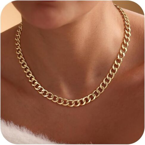 Gold Necklace for Women, 14K Gold Plated Chunky Cuban Link Chain Herringbone Paperclip Box Chain Choker Necklaces for Women Trendy Non Tarnish Jewelry Gifts in Saudi Arabia