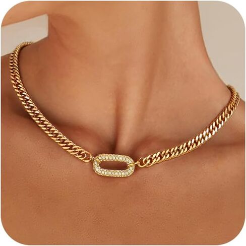 Gold Necklace for Women, 14K Gold Plated Chunky Cuban Link Chain Herringbone Paperclip Box Chain Choker Necklaces for Women Trendy Non Tarnish Jewelry Gifts in Saudi Arabia