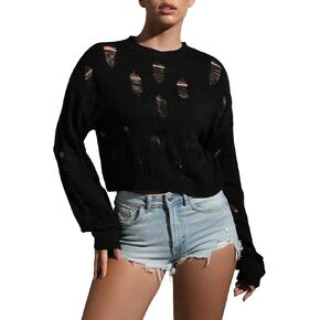 WDIRARA Women's Ripped Drop Shoulder Long Sleeve Ribbed Knit Lightweight Casual Crop Sweaters