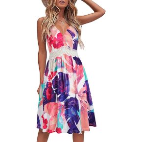 LAISHEN Women's 2024 Summer Casual Sundress V Neck Spaghetti Strap Lace Floral Beach Vacation Midi Dress