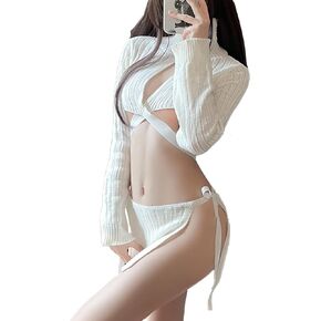 YOMORIO Anime Virgin Killer Sweater Dress 2Pcs Japanese Turtleneck Knitted Underwear Backless Pullover,White-Set