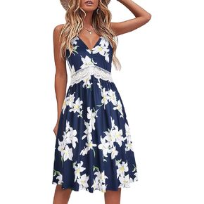LAISHEN Women's 2024 Summer Casual Sundress V Neck Spaghetti Strap Lace Floral Beach Vacation Midi Dress in Saudi Arabia