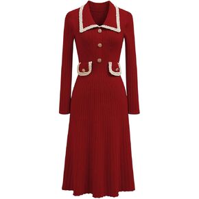 CHICWISH Midi Sweater Dress for Women Collared Braided Edge Long Sleeve Knit Dresses Fall Winter Elegant Dress