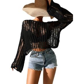 SHENHE Women's Long Bell Sleeve Oversized See Through Pullover Sweater Open Knit Crochet Crop Top
