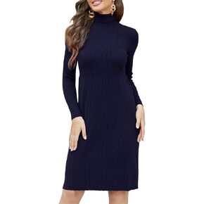 Clearlove Women Turtleneck Ribbed Knit Long Sleeve Bodycon Pullover Sweater Dress Without Belt