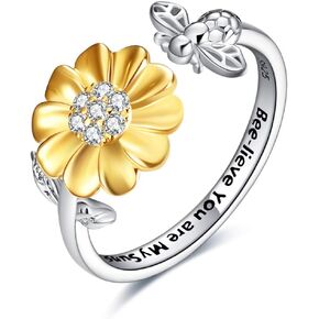 ONEFINITY Bee-live You Are My Sunshine Sterling Silver Sunflower Rings with Bee/Ladybug Open Adjustable Ring for Women