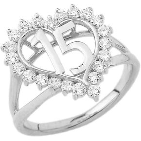 Dazzling Sterling Silver CZ Open Heart Quinceanera Ring