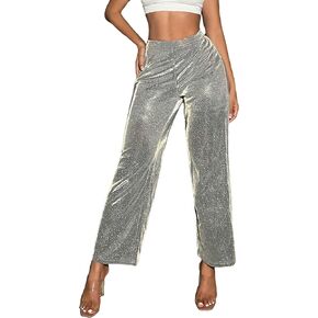 WDIRARA Women's Glitter Elastic High Waist Trousers Straight Leg Party Club Long Pants