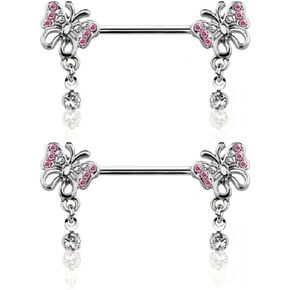 Pierced Owl 14GA 316L Stainless Steel CZ Crystal Paved Butterflies with Dangling Gems Nipple Barbells, Sold as a Pair