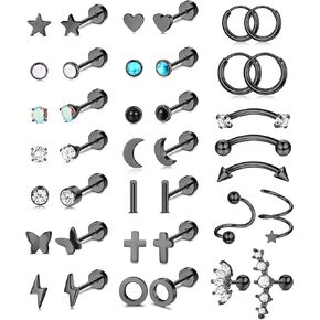 Drperfect Stainless Steel Stud Earrings for Women Men CZ Butterfly Heart Cross Opal Star Moon Lightning Bolt Flat Back Earrings Cartilage Earrings Stud Hoop Set Helix Tragus Conch Rook Daith Earrings Piercing Jewelry