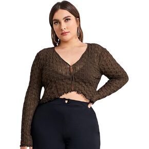 Floerns Women's Plus Size V Neck Lettuce Trim Long Sleeve Mesh Crop Top T Shirt