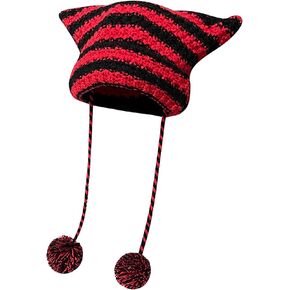 Cat Ear Crochet Beanie Hat Vintage Knit Cap Y2K Style Striped Cap with Devil Horn Grunge Slouchy Beanie Women Fox Hat