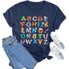 Teacher Shirt Women Teaching Tshirt Funny ABC Animals Alphabet Graphic Tee Top Cute Kindergarten Teachers Gift T-Shirt