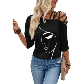 SOLY HUX Women's Figure Graphic Tees Criss Cross Cut Out Half Sleeve T Shirt Summer Tops