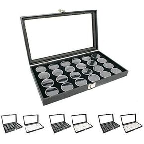 Novel Box Large Glass Top Black Leatherette Jewelry Display Case + 24 Count Jar Insert Tray in Black + Custom NB Pouch