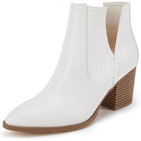 Huiyuzhi Womens Ankle Boots Slip on Cutout Pointed Toe Snakeskin Chunky Stacked Mid Heel Bootie