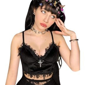 JUMISEE Women Gothic Velvet Crop Top Camisole Sexy Lace Trim Spaghetti Strap Tank Top for Rave Festival Halloween