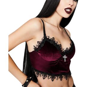 قميص قصير نسائي من JUMISEE على الطراز القوطي من المخمل قميص قصير مثير مزين بالدانتيل وحزام سباغيتي بدون أكمام لمهرجان الهذيان والهالوين in Kuwait