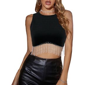 Mocure Rhinestone Fringe Tassel Crop Tops Sleeveless Trendy Sexy Tank Top for Women