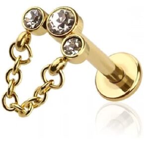 Pierced Owl 16GA 316L Stainless Steel Internally Threaded Triple CZ Crystal with Dangling Chain Top Flat Back Labret Stud