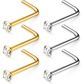 مجموعة من 6 قطع من حلقات الأنف للرجال والنساء - مجموعة مسامير أنف زركونيا مكعبة لا تسبب الحساسية - مجوهرات ثقب الأنف الكريستالية 2 مم (اختر المقياس - اللون) in Kuwait