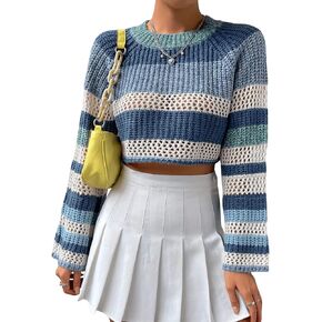 SHENHE Women's Crochet Striped Color Block Crewneck Long Sleeve Knit Cropped Sweater Tops