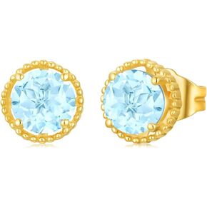 اقراط مرصعة بحجر التوباز الازرق من الذهب الخالص عيار 14 قيراط - اقراط حجر الميلاد 6.5 ملم للنساء والفتيات، اقراط دائرية مرصعة باحجار التوباز والذهب الاصفر، والتوباز, الذهب الأصفر, توباز in Kuwait