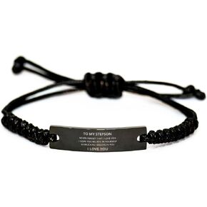 DARIN GIFT To My Stepson Black Rope Bracelet Gifts From Stepmom Stepdad - Never Forget That I Love You I Hope You Believe in Yourself - Motivational Graduation Christmas Birthday Gifts for Son Mom Dad